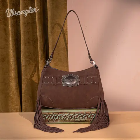 Wrangler Fringe Buckle Hobo Bag/Crossbody Bag for Women Suede-Feel PU Leather with Antique Silver Logo Concho & Stud Belt