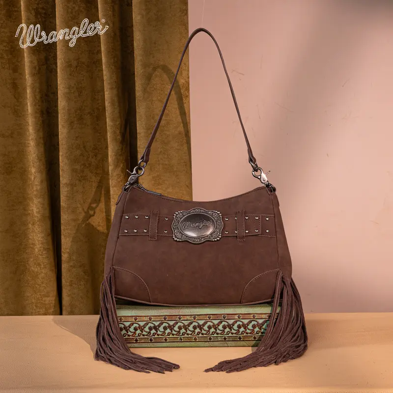 Wrangler Fringe Buckle Hobo Bag/Crossbody Bag for Women Suede-Feel PU Leather with Antique Silver Logo Concho & Stud Belt