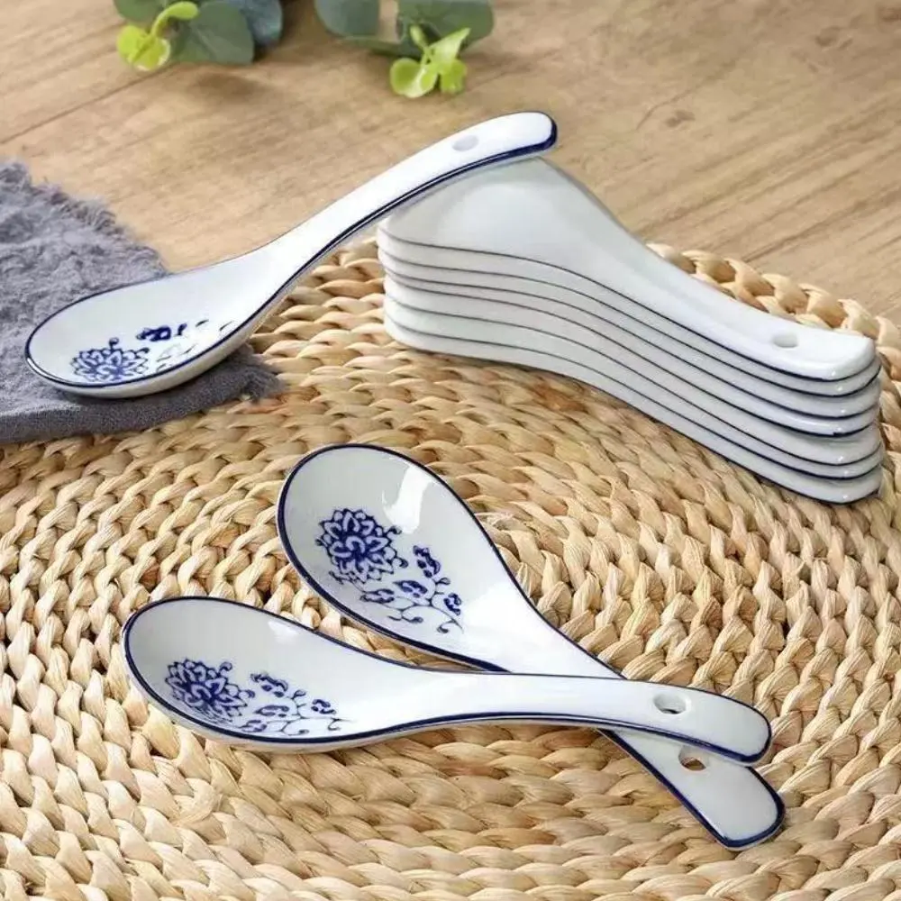 Ceramic Soup Spoon Set, 6 Counts/set Floral Pattern Spoon, Non-slip Bottom Soup Spoon Set, Tableware Dinnerware Kitchenware Utensils for Home and Restaurant, Cooking Spoons Set, Spoons Set