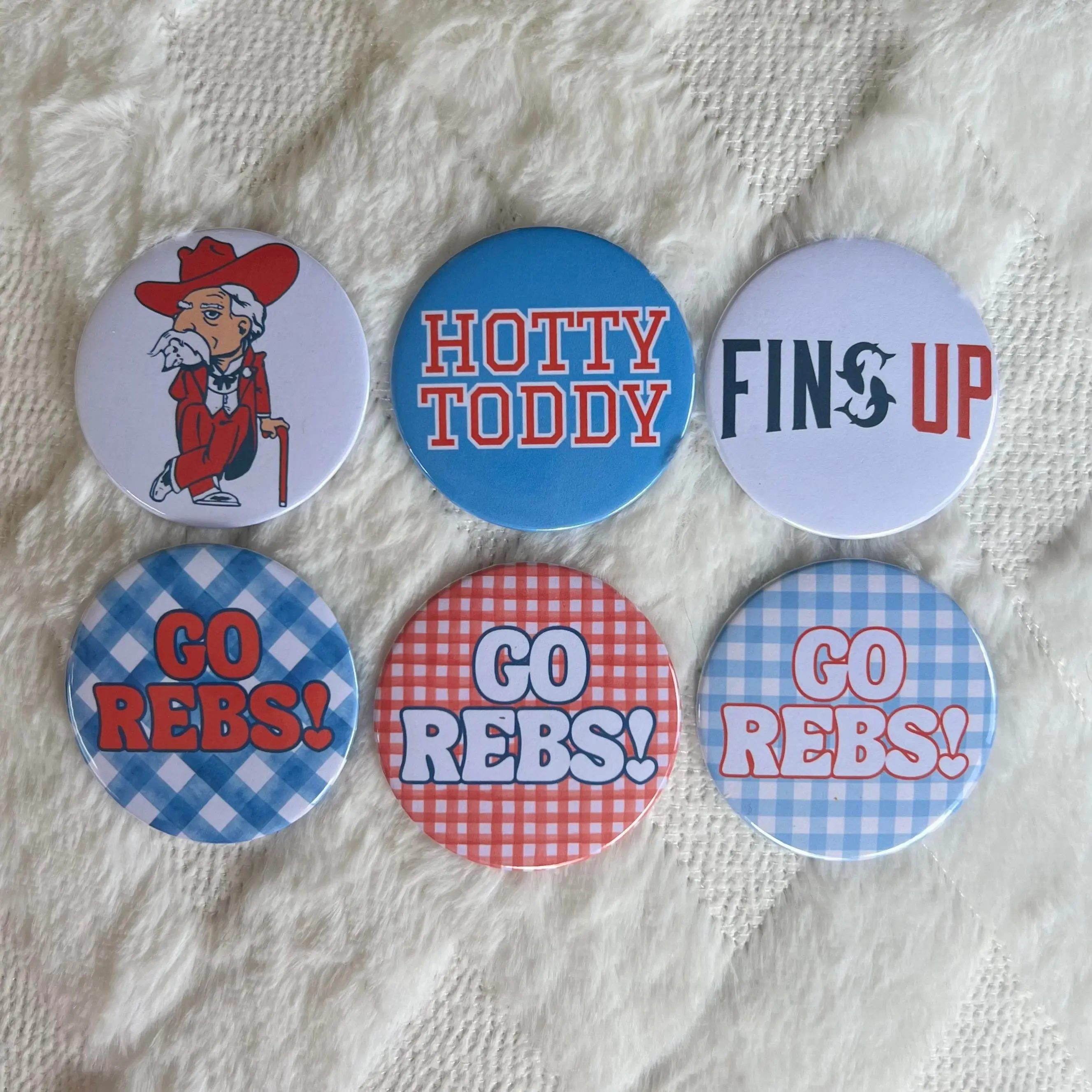 Ole Miss Game Day Buttons, 6 Pack of the Classics, Rebel Football, Lane Kiffin, Hotty Toddy, Ole Miss Gameday Pins, Ole Miss Tailgating.