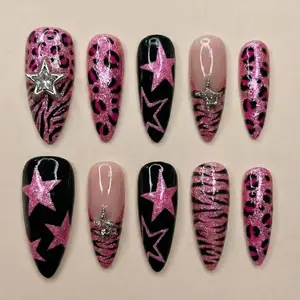 Hot Pink Leopard Press On Nails: Glitter Star Tiger Stripe Reusable Y2K Nails