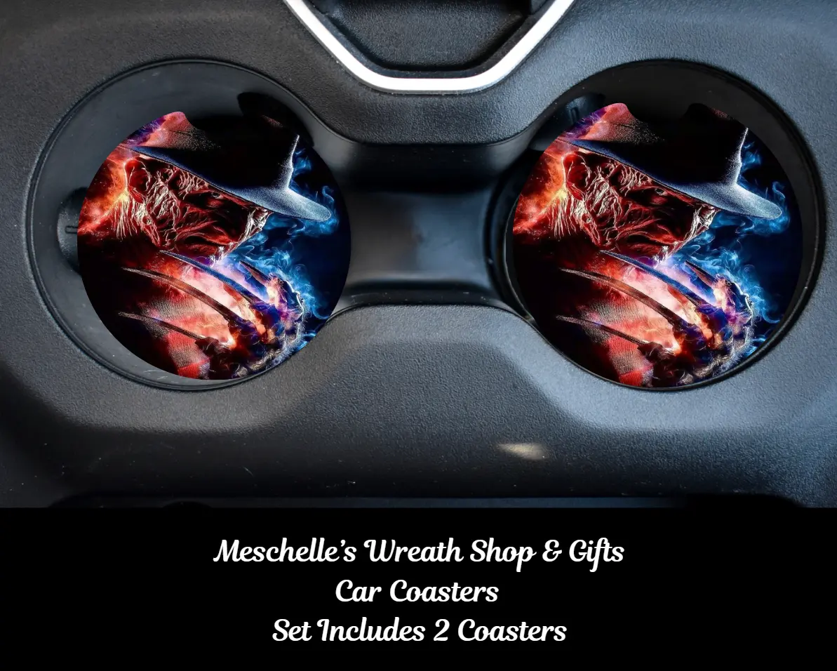 Horror-Themed 2-Piece Car Coasters, Spill-Proof Neoprene/Ceramic Car Interior Accessory, Protect Cups Automotive Vehicle Decor