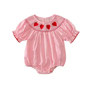 Baby Girl Short Sleeve Romper Heart Embroidery Dot Print Crew Neck Bubble Jumpsuit