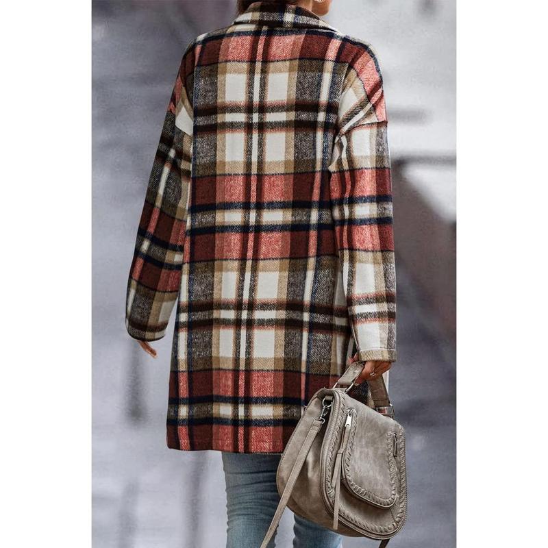 Women Plaid Shacket Jacket Trendy Fall Casual Button Wool Blend Tartan Trench Coat Winter Clothing with Pockets Women Plaid Shacket Jacket Trendy Fall Casual Button Wool Blend Tartan Trench Coat Winter Clothing with Pockets
