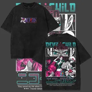 (Custom printing available)Nico Robin "Devil Child" One Piece Acid Wash Oversized Tee Retro Y2K Anime Graphic Shirt Soft Short Sleeve Casual Top Trendy Unisex Streetwear Urban Outfit Gift for Manga Fans Menswear