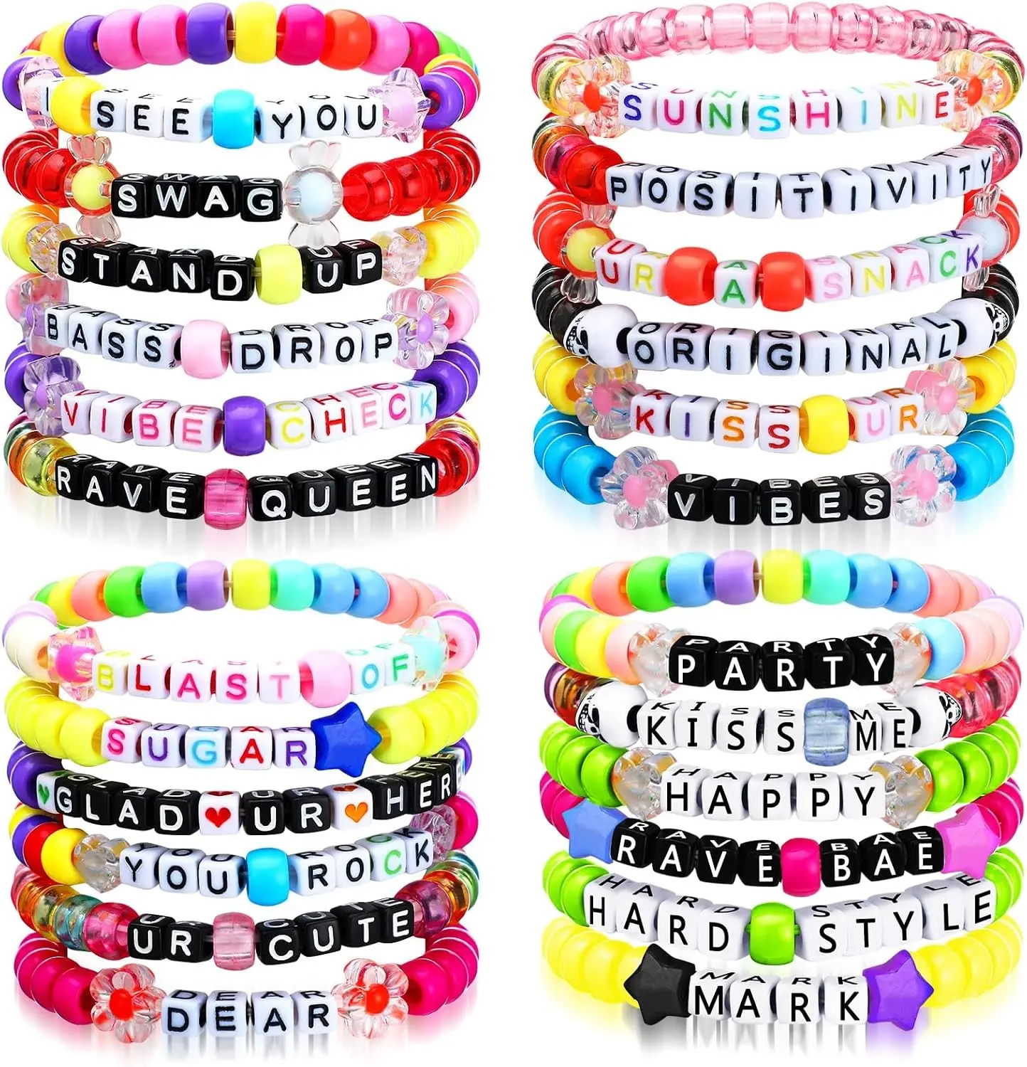 Equsion 24 Pcs Rave Kandi Bracelet Alphabet Music Festival | Rave Bracelets, Alphabet Beads, Music Party Supply, Wear and Trade Handmade, Elastic Fit, Festival Accessories for Women Men