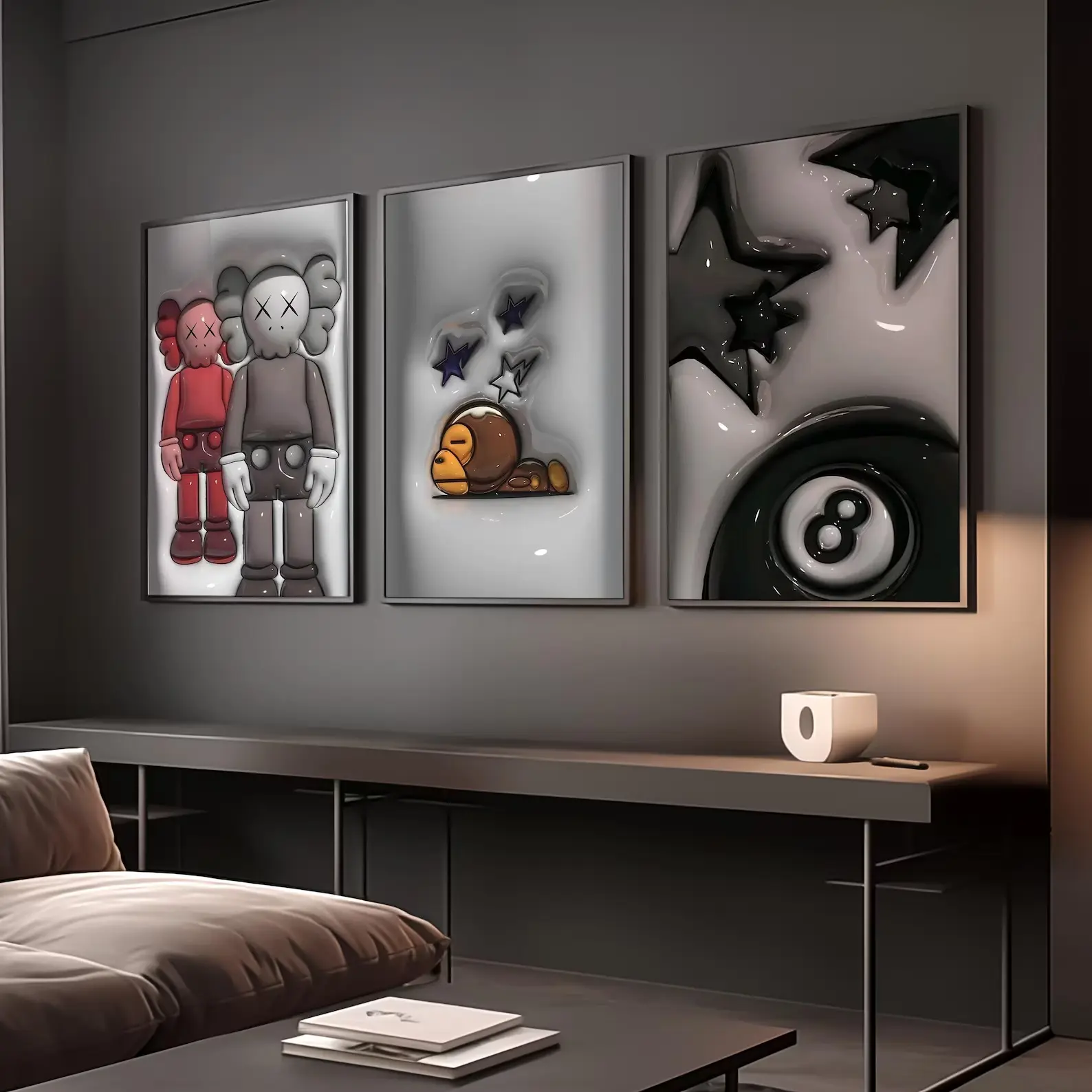 Set Of 3 Room Decor, kaws Poster, Cool Wall Art Set,, 3D Wall Art Bundle, Wall Art, Trendy Wall Art