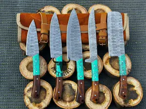 Unique Handmade Damascus Steel Chef Knives Set, Damascus chef knife, 5PCs set, Damascus kitchen knives Set, USA KNIVES BEST Gift for Him/Her