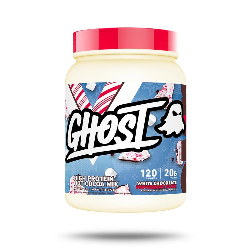 GHOST High Protein Hot Cocoa Holiday Edition 20g Protein Serving White Chocolate Peppermint Bark & Milk Chocolate Tubs Single Serve Packets