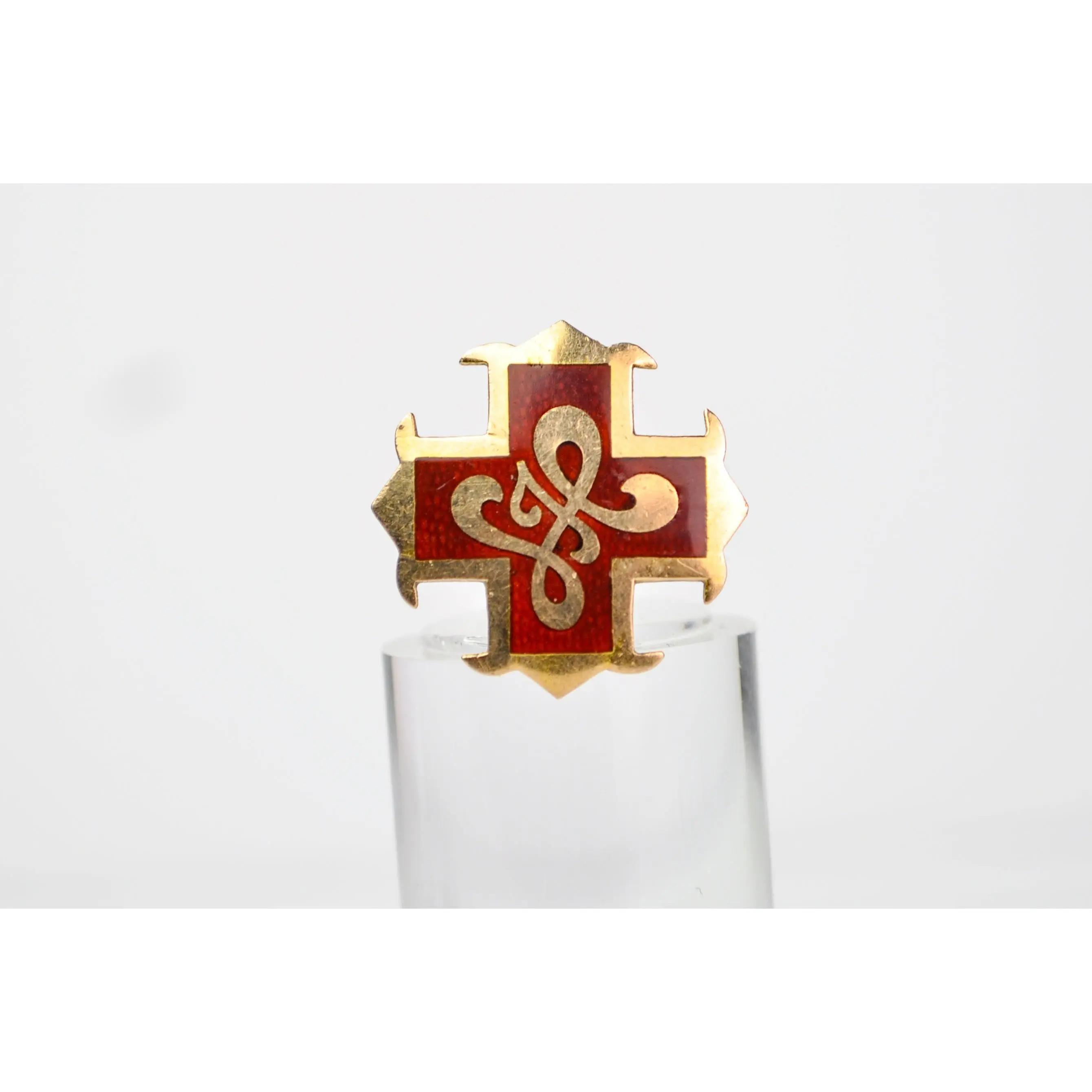 Vintage 10K Gold J. H. Monogram Red Enamel Cross Lapel Pin - M. A. F. 1956 Engraved - Boston Made - Ten Karat Gold Red Cross Brooch