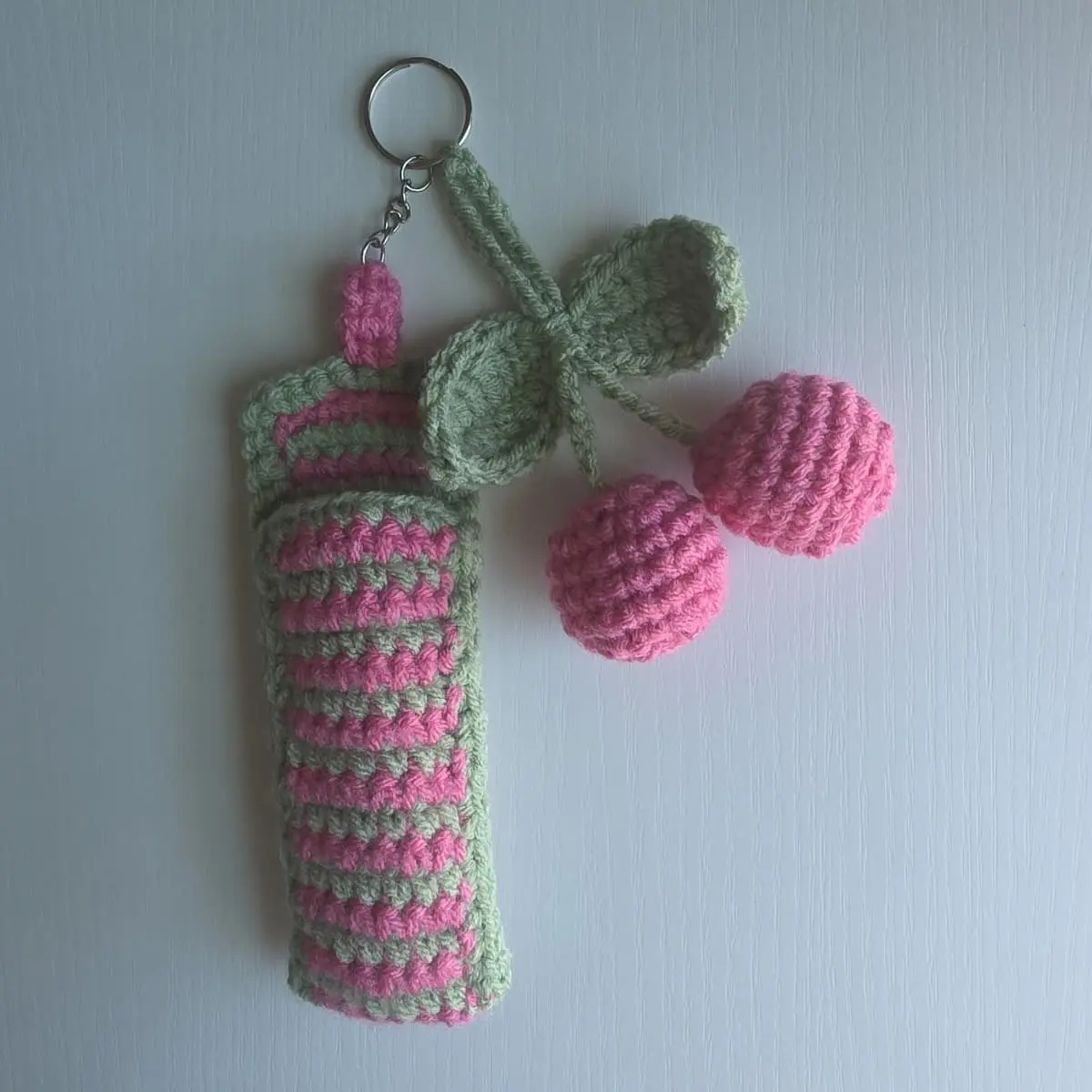 Handmade Crochet Cherry Lip Gloss Holder Keychain for Tote Bag or Backpack