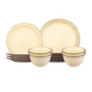 MONAZONE Dinnerware Set, 12-Piece Vintage Embossed Dishware Set, Retro Beige Ceramic Plates and Bowls Service for 4, Microwave & Dishwasher Safe