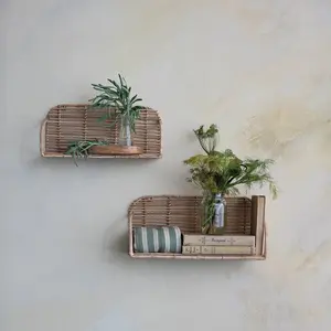 Hand-Woven Rattan & Metal Wall Shelf