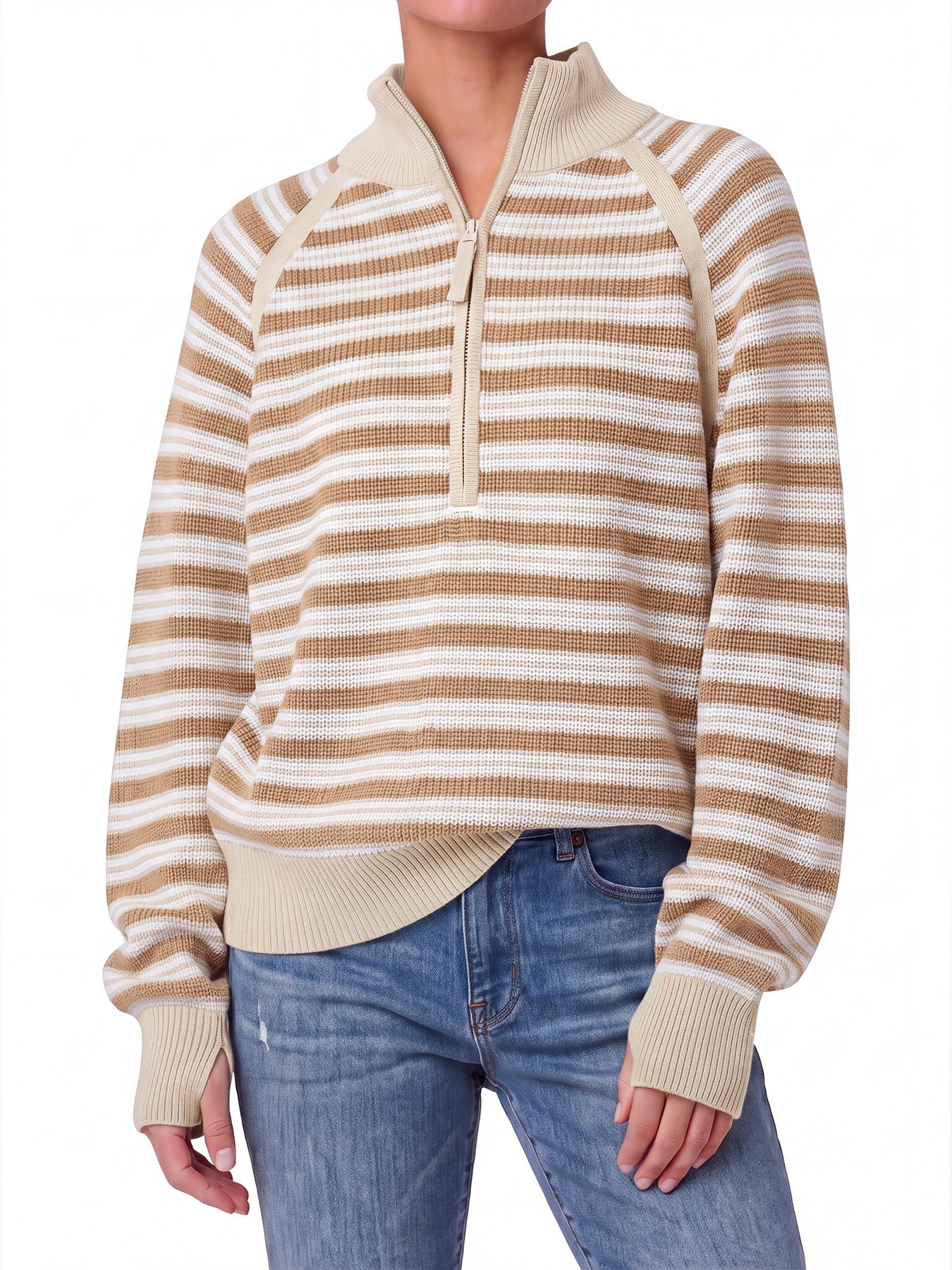 Wodubu Women's Knitwear Sweaters - Half-Zip Striped Ribbed Knit Tops, Long Sleeves, Casual Oversized Fit, Style Options: Mock Neck, V-Neck, 2026 Fall Winter Clothes