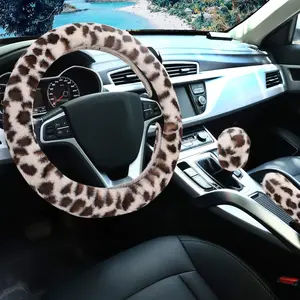Plush Steering Wheel Cover for Women and Girls, Universal 15inch Fur Car Steering Wheel Cover and Handbrake Cover and Gear Shift Cover Set, Fashion Leopard Print Winter Warm Fluffy Vehicle Steering Wheel Protector