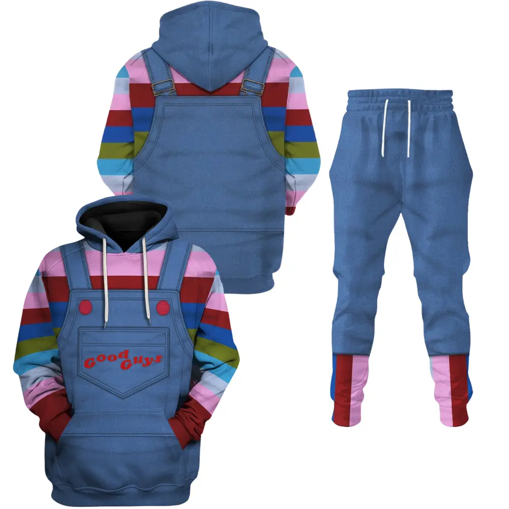 Chucky Halloween Hoodie and Sweatpants Set, Good Guys Doll Denim Overalls Rainbow Striped 3D Graphic Tracksuit Set, Spooky Halloween Gift for Boyfriend & Friends