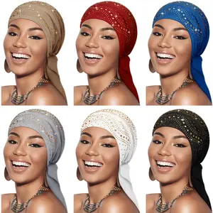 6pcs Rhinestone Head Scarf Stretchy Head Wrap Women Bandana Beanie Sequin Pre Tied Turban Cap Skull Cap Headbands (Novelty Style)
