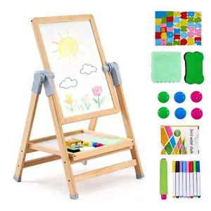 2-in-1 Wooden Double-Sided Kids' Art Easel - Magnetic Whiteboard & Chalkboard Sides, 360° Rotatable, Adjustable, Foldable Standing Drawing Board with Painting Accessories for Kids, Rotates 360°