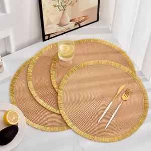 Gold Trim Fringe Woven Round Placemat Set, Luxurious Natural Insulation Non-Slip Table Mat (dual Color Options) 4pcs