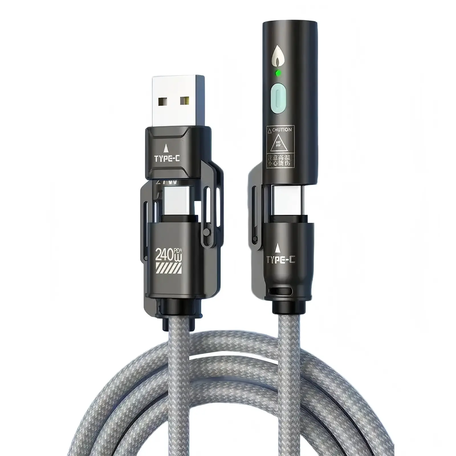240W 3-in-1 Fast Charging Coil Cable, USB-A/Lightning + Dual Type-C, 5FT Nylon Braided, 480Mbps Data Sync, Universal Charger Cord for MacBook, iPhone 16/15/14/13 & All Android Phones