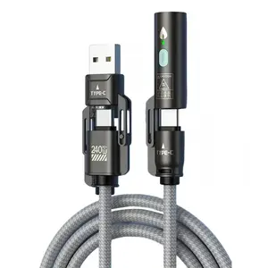 240W 3-in-1 Fast Charging Coil Cable, USB-A/Lightning + Dual Type-C, 5FT Nylon Braided, 480Mbps Data Sync, Universal Charger Cord for MacBook, iPhone 16/15/14/13 & All Android Phones