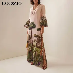 Flared Sleeves Loose Leaves Print V-Neck Maxi Dresses