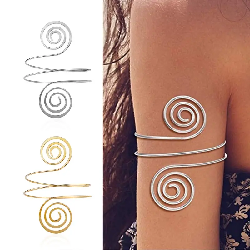 US-LUXURY - Upper Arm Bracelet Metal Coil Swirl Spiral Shape Armband Cuff Fashion Simple Arm Bangle Armlet Adjustable for Women Girl