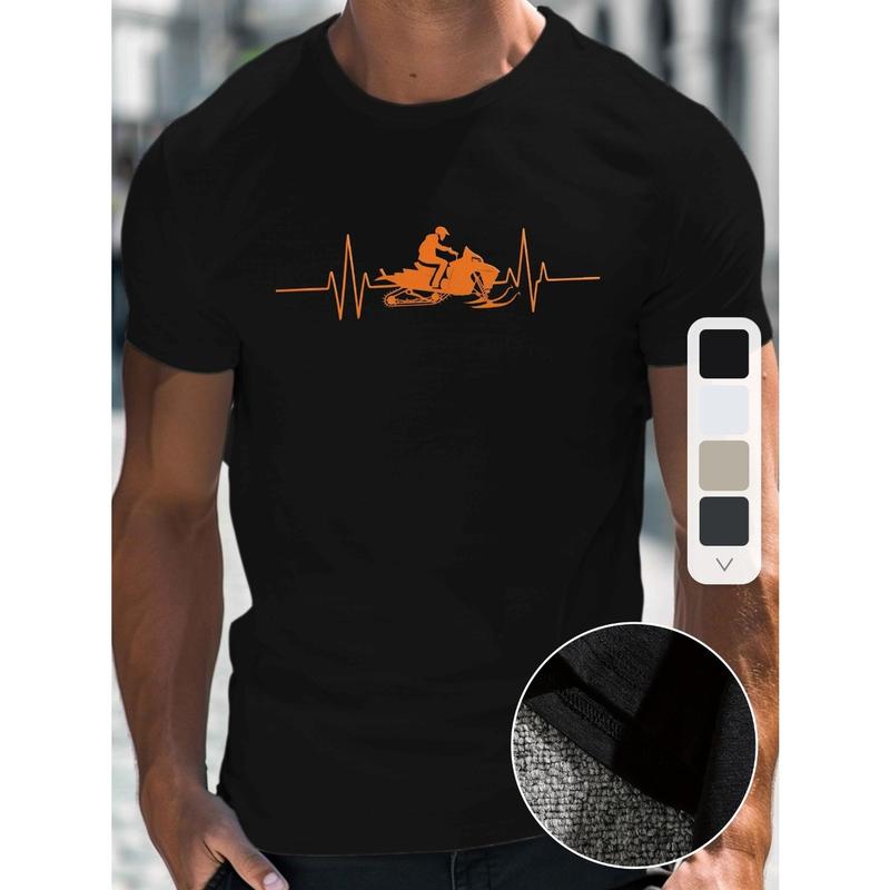 Men's Snowmobile In Heartbeat Line Graphic T-Shirt - 100% Cotton Black Short Sleeve Crew Neck Regular Fit Casual Wear | Soft & Breathable Fabric, Durable Print, Everyday Comfort, Machine Washable, casual outdoor