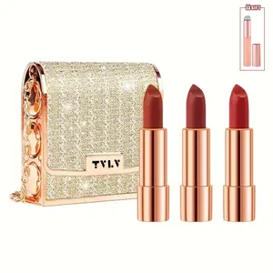 Matte Lipstick Trio Set with Chain Bag, Velvet Texture, Waterproof Long-Lasting, Combination, Includes Silicone Lip Brush