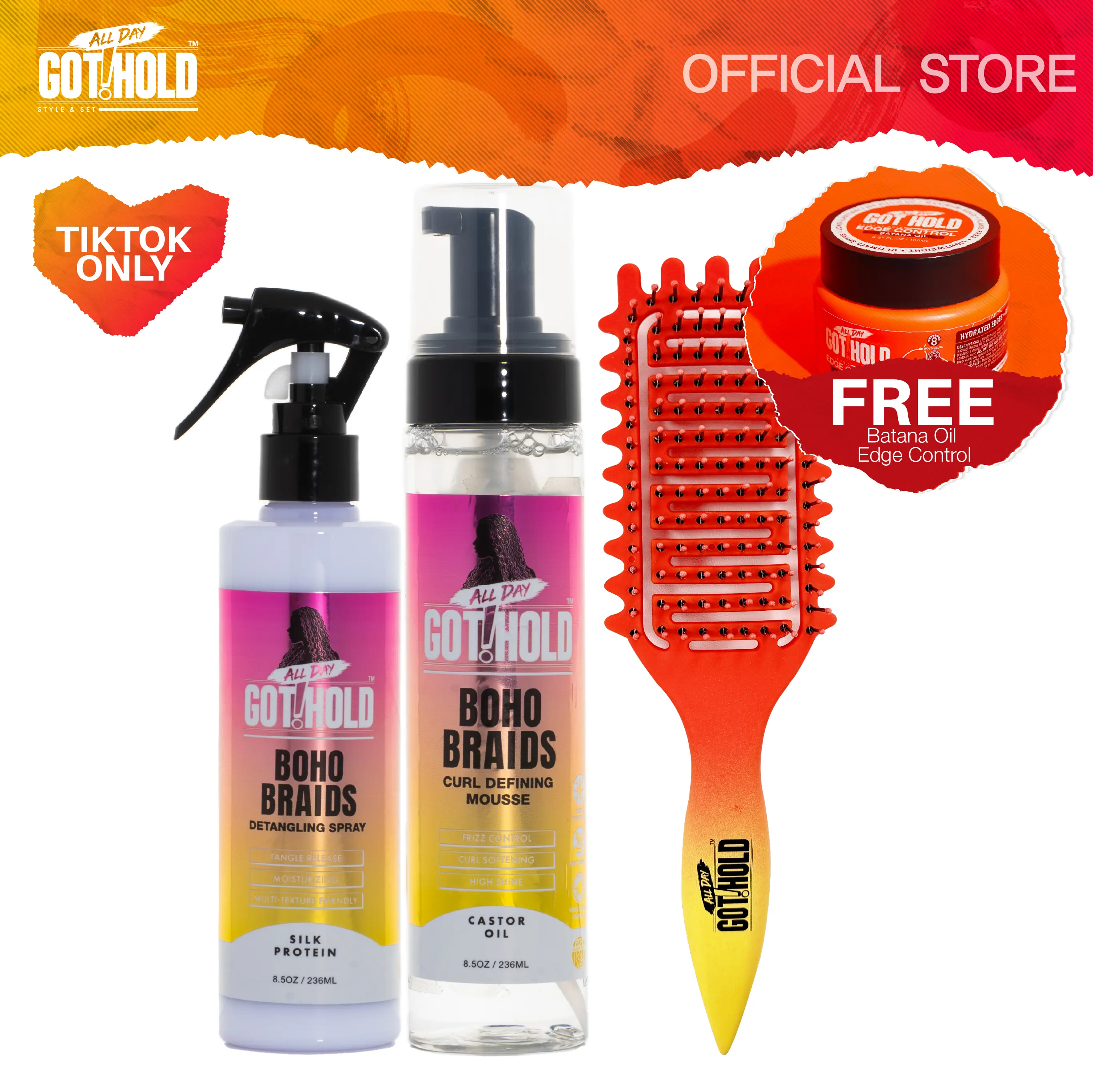 ALL DAY GOT HOLD Boho Braids Care Kit, 4 Piece Daily Haircare Set for Defined Curls, Frizz Control, and Detangling for Adults