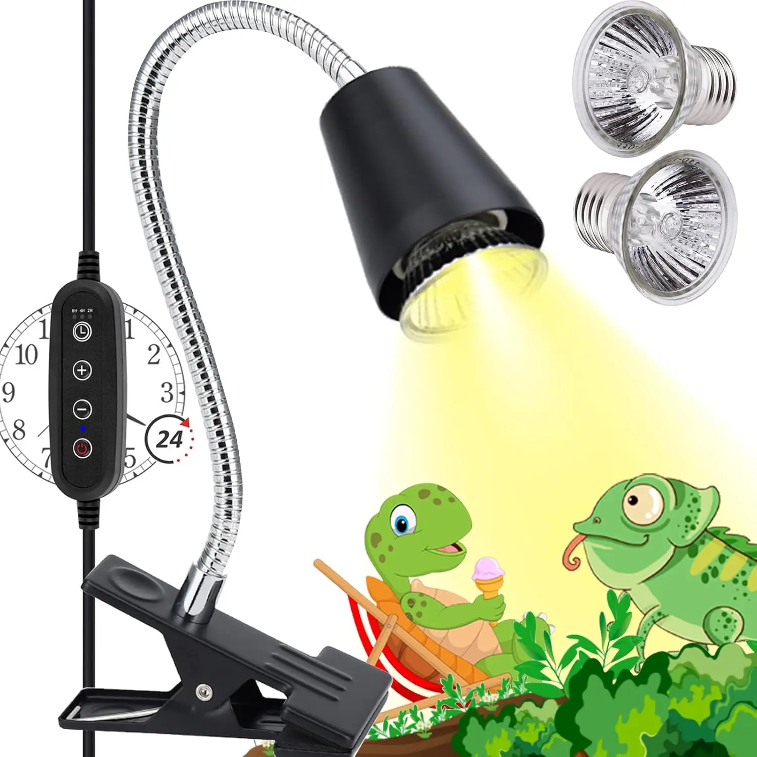 2-Pack UVA/UVB Heat Lamps with Cycle Timer, 360° Rotatable Bulbs for Reptiles (Turtle, Lizard), Aquarium