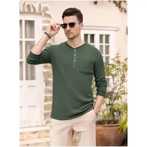 Men's Henley Shirts C Long Sleeve Basic Waffle Pique Pullover T-Shirt with Pocket Machine Washable Streetwear Top