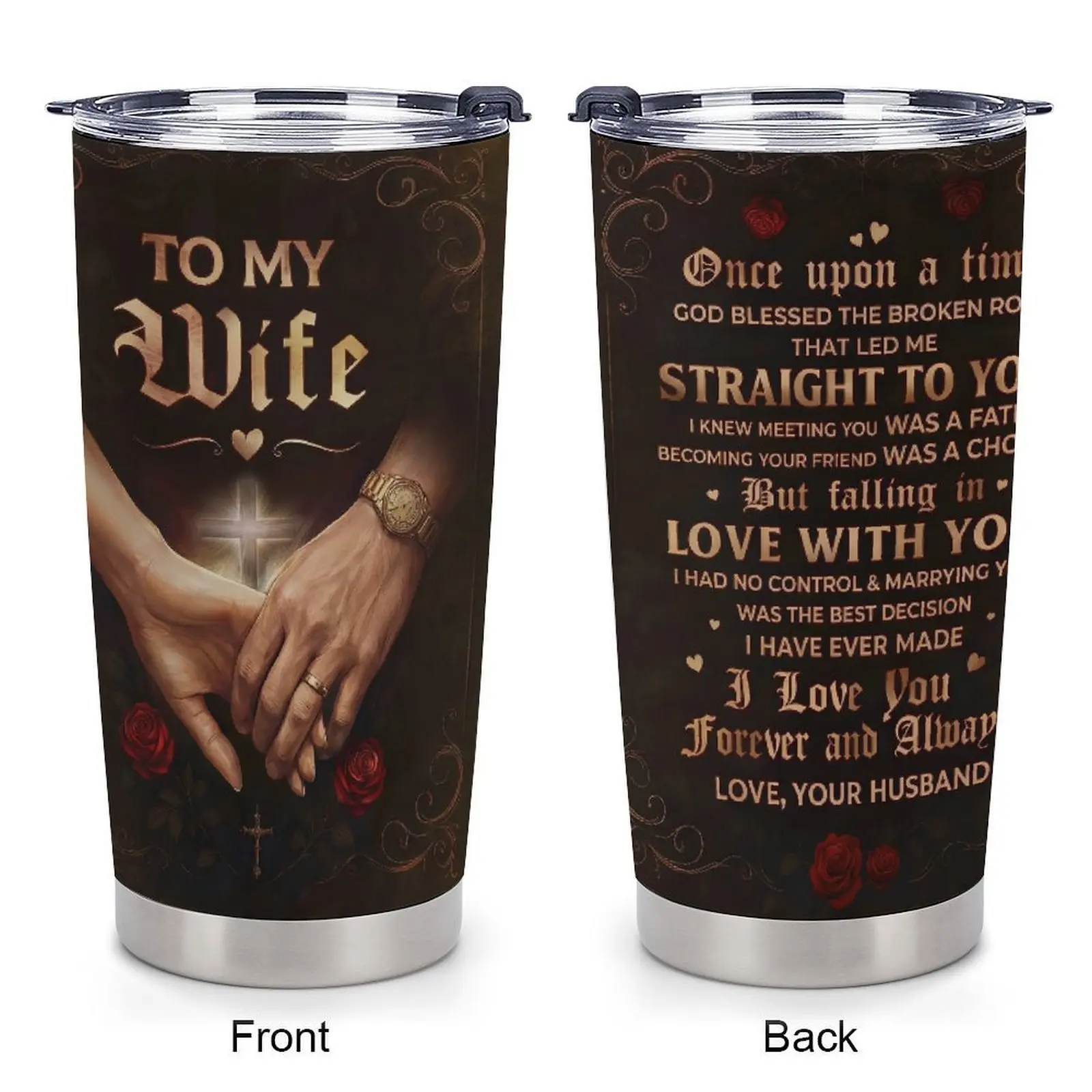 20oz Insulated Stainless Steel Tumbler - Christian Flask for Wife, Portable Religious Cross Drinkware with God Blessed The Broken Road Quote, Husband’s Anniversary Gift, Flasks, To My Wife