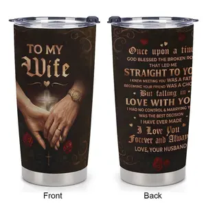 To My Wife 20oz Stainless Steel Tumbler - God Blessed The Broken Road Quote - Christian Anniversary Gift From Husband - Religious Cross Travel Cup