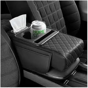 5-in-1 Car Center Console Cover, Multifunctional Armrest Cover with Cup Holder, Phone Holder, Pocket & Tissue Holder – Leather Height Enhancement Car Armrest Cushion for Most Cars (Black)