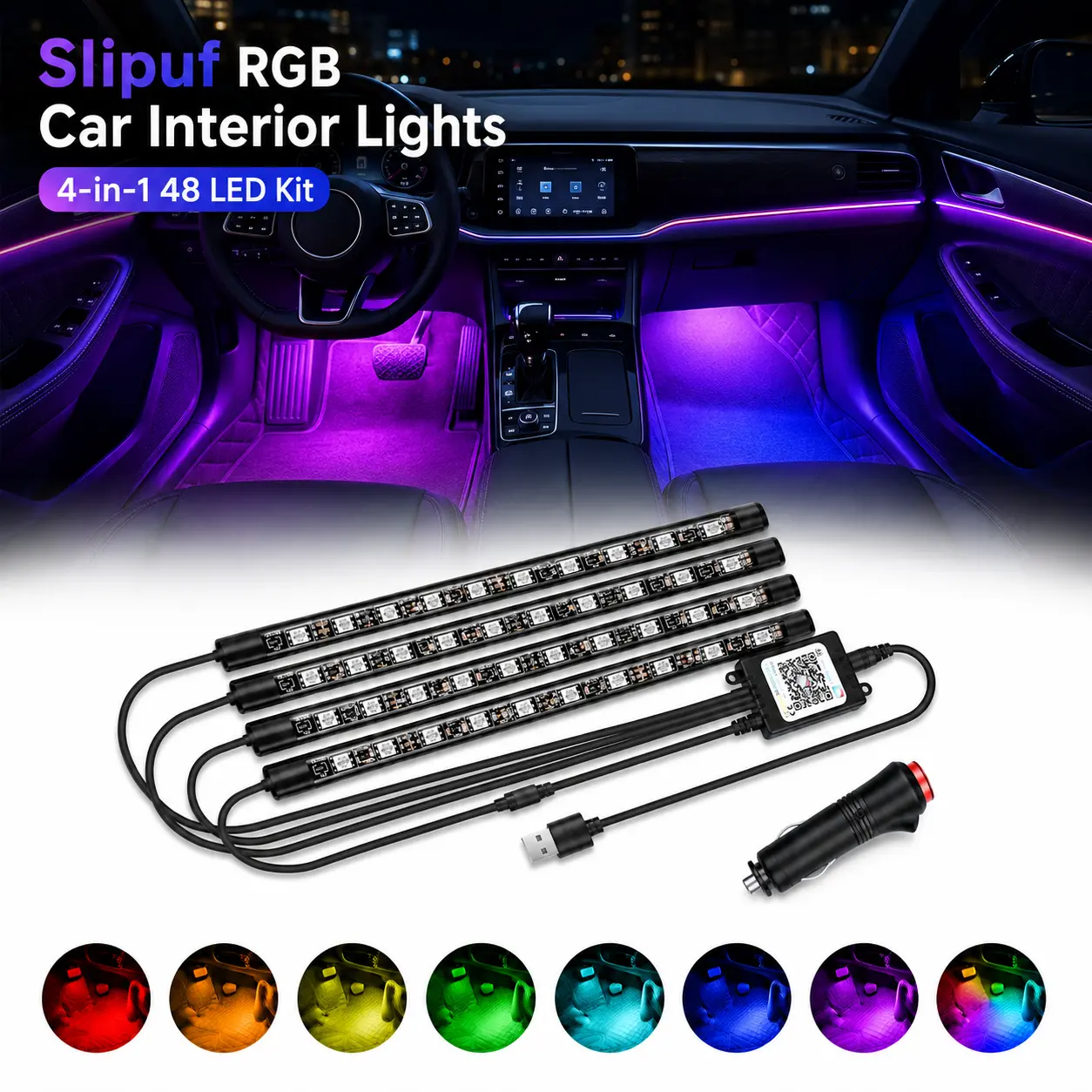 Slipuf Wireless RGB Car Interior Decorative Lights, 4-in-1 48-LED Strip Kit, App Controlled, RF Mobile App Wireless Remote, 7-Color Changing, Music Sync, USB Powered Footwell Lights for Cars Trucks SUVs, App Controlled Led Light Strip