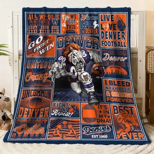 Denver Football Flannel Blanket, Cozy Soft Throw with Mascot Horse Graphic, Vintage Game Slogans & Orange Blue Team Colors, Ideal for Sports Fans’ Bedroom & Sofa Decor, Warm Fleece Blanket for