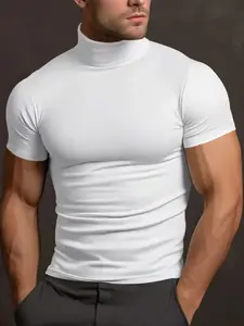 Men's Summer Solid Color Short Sleeve Fashion Tee, High Neck Slim Fit T-Shirt for Gym Casual Wear, Multiple Colors Available