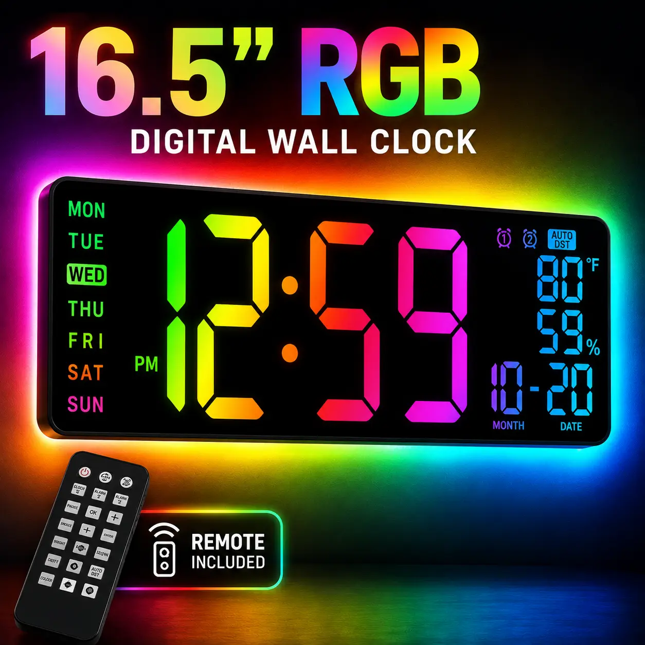 Large Digital Wall Clock 10 12 16.5 Inch with Remote Control, Giant LED Display Clock with RGB Night Light, Auto DST, Adjustable Brightness, Classroom Timer Clock for Teachers, Seniors, Bedroom, Dorm Room, Office Decor