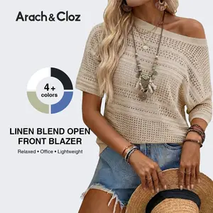 Arach&Cloz Womens Summer Linen Blend Crochet Tops Relaxed Fit Short Sleeve Sweater Boho Shirts Vacation Casual Trendy 2026