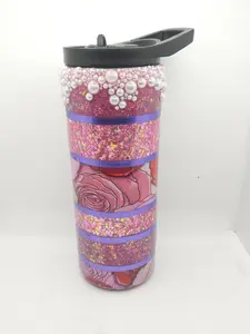 Pink/Purple Roses with Pearl Drips Tumbler - 25 oz - Swap Lid - *Ready to Ship* Bottle Cup Drinkware Handmade