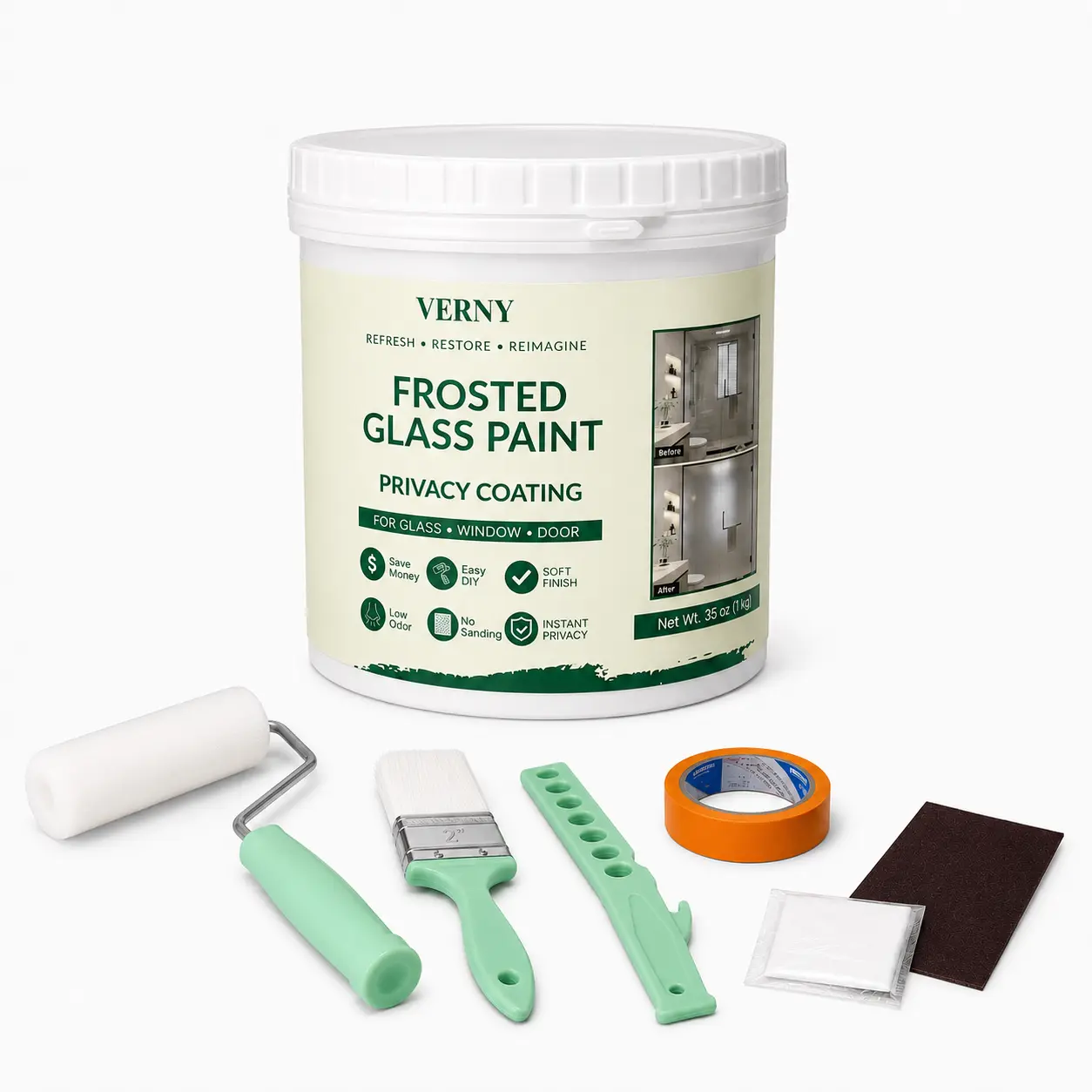 VERNY Frosted Glass Paint for Windows, 35 oz Window Privacy Coating Kit with Tools, Waterproof UV-Resistant Finish for Bathroom Glass, Kitchen Windows & Sliding Doors