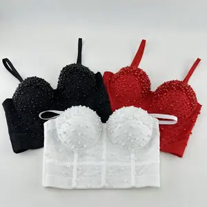 Tube Halter Tank Top Handmade Stitched Beading High Quality Fishbone Mesh Yarn Tank Tops Bra Blusas Short Corset Summer Rave Outfits Weighted Vest Woman Clothing Sling Wedding Party Blind Date Stage Party Shaper Ladies Crop Shirt Vest Sexy Tube Halter Top