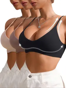 Push Up Bra 3 Pack - Seamless Ribbed Wireless Bras For Women Comfort Lift Bralette Set Fit Everyday Womenswear Smooth