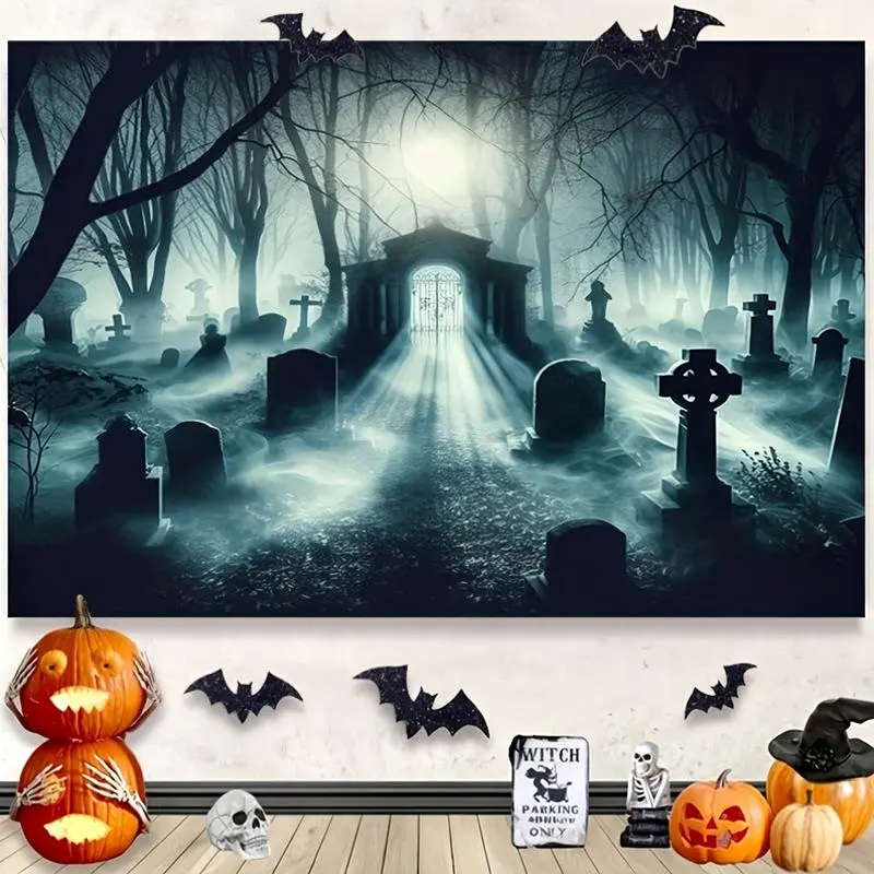 #2Halloween Graveyard Fabric Wall Backdrop, Spooky Foggy Forest Tombstone Moon Photo Booth Cloth Wall Banner Decor
