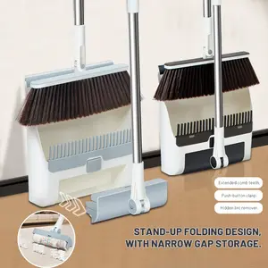 AHF 3-in-1 Broom and Dustpan Set with Lint Roller Adjustable Long Handle Lightweight Stainless Steel for Indoor Sweeping Cleaning Carpets Pet Hair Floors Home Care Supplies Stand-Up Folding Design Narrow Gap Storage