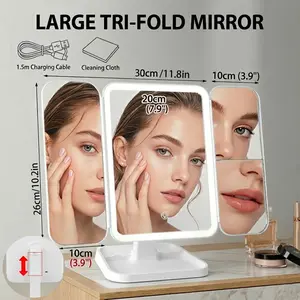 LumeLuxe Pro Extra-Large Tri-fold Makeup Mirror with 56 LEDs, Height Adjustable 1X/2X/3X Rechargeable Vanity Mirror, Portable Magnifying Table Mirror with 1.5m Cable & Cloth, Perfect Gift for Her