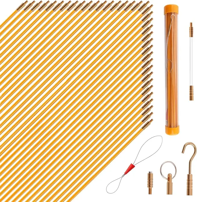33FT Fiberglass Fish Tape Wire Puller Kit Cable Running Rods Set for Electrical Wiring Through Wall Attic Conduit