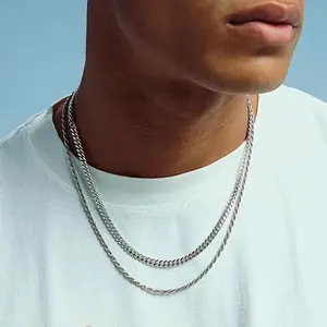 Men Boys Stainless Steel Layered Chain Necklace 2 Pieces Cuban Chain Rope Herringbone Jewelry Gift Adjustable 18-28 Inches