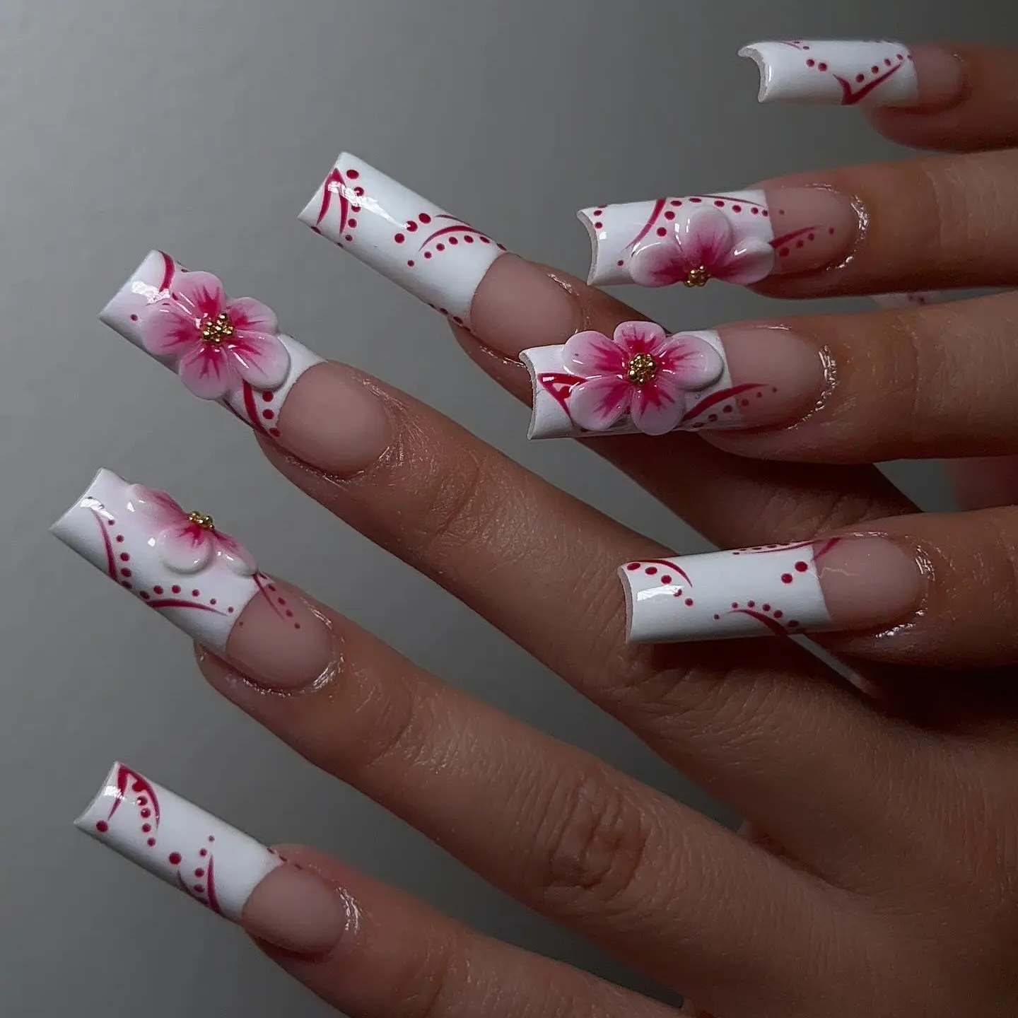(MTO) BubbleNailArt Cherry Blossom Pink 3D Flower Long Square Press On Nails White French Gold Charm Fashion Hand Accessories